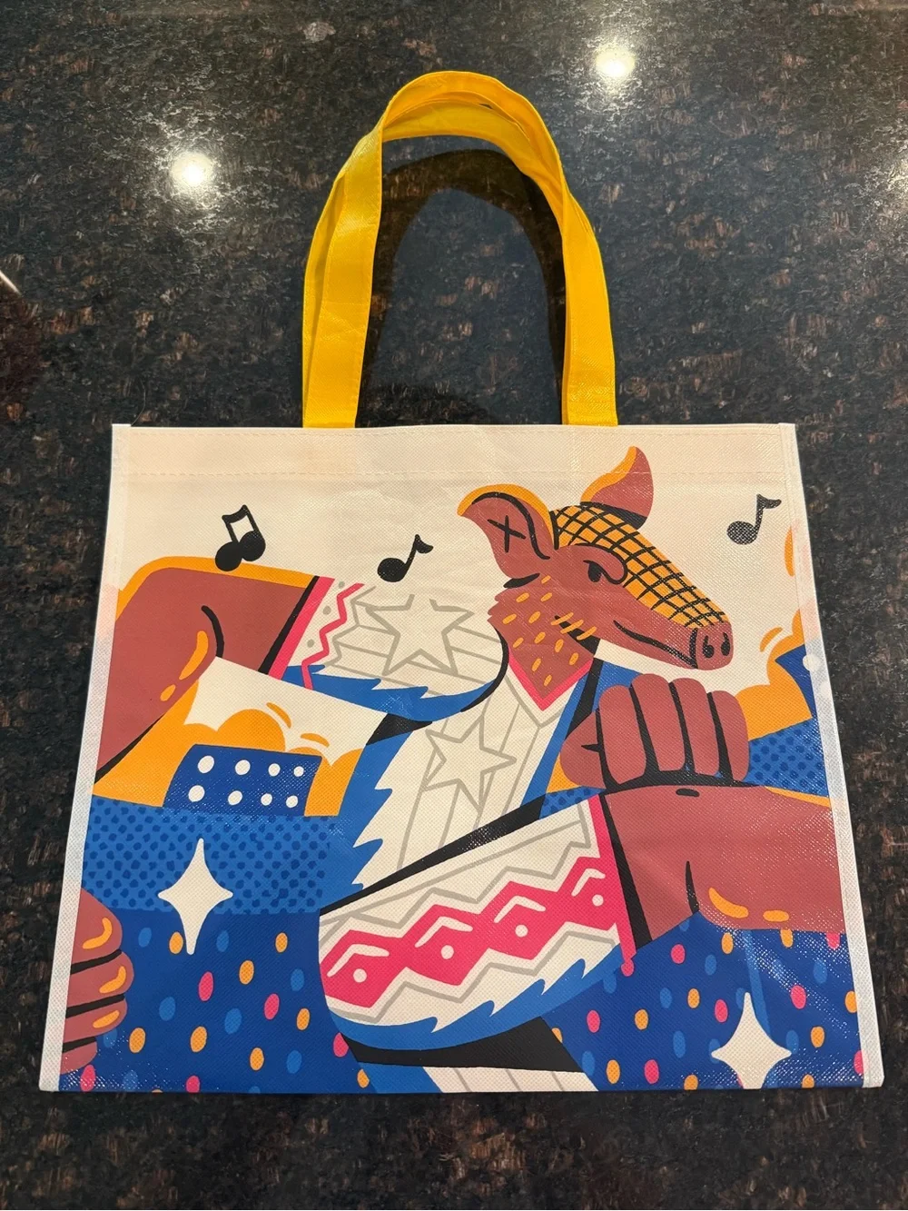 Yellow Handle Graphic Tote Bag with Colorful Illustration